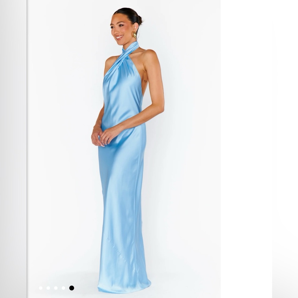 Show me your mumu jasmine halter maxi dress in baby blue luxe satin